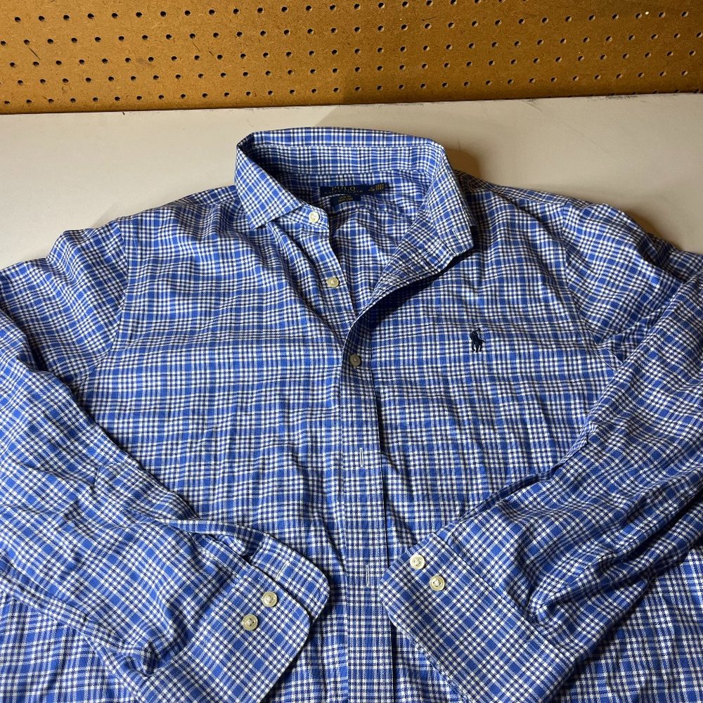 Ralph Lauren Mens Button Down Shirt Plaid Slim Fit Easy Care XL